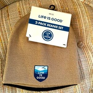 LIFE IS GOOD NEW Unisex set of 2 Beanies Hats Tan Black NWT Winter